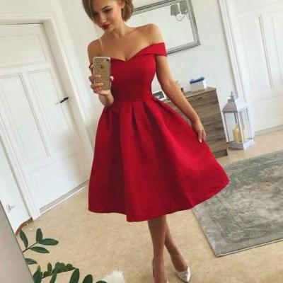 Red Party Dress,Off Shoulder Sleeves Graduation Dress,Tea Length Red Prom Dress,Sexy Red Homecoming Dress