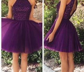 Keyhole Back Homecoming Dress,Purple Homecoming Gown,Halter Party Dress ...