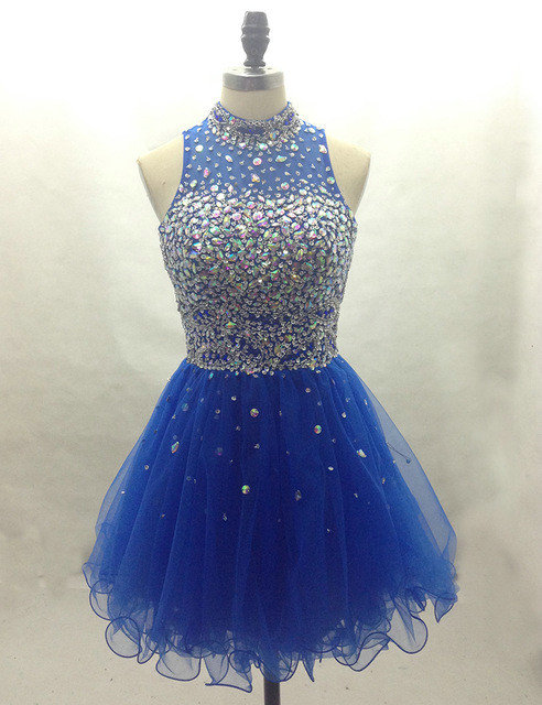 Halter Neckline Homecoming Dress,royal Blue Tulle Party Dress,beaded Blue Prom Dress