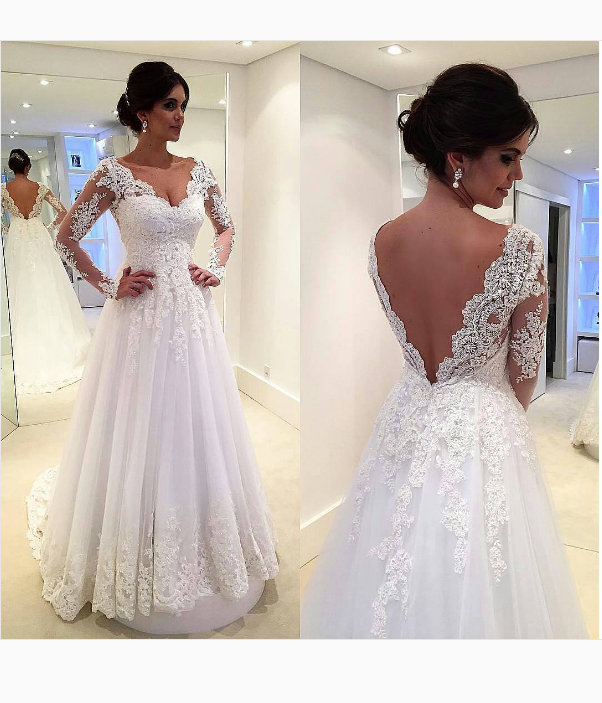 Discount Long Sleeves Lace Wedding Dress,Sexy Deep Vback Lace Bridal