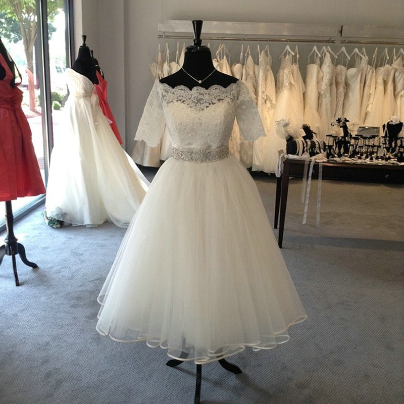 Tea Length Tulle And Lace Wedding Dress Informal Short Bridal