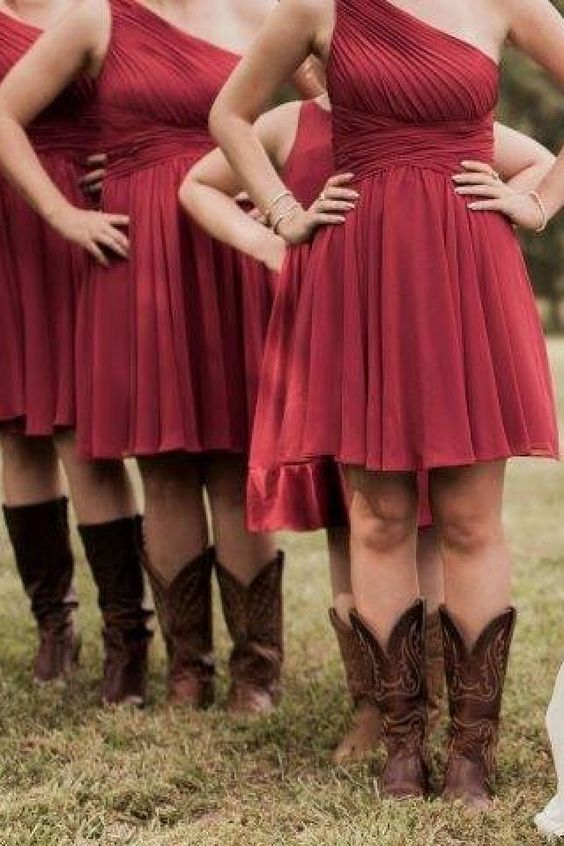 Knee Length One Shoulder Burgundy Bridesmaid Dress,Short Burgundy ...