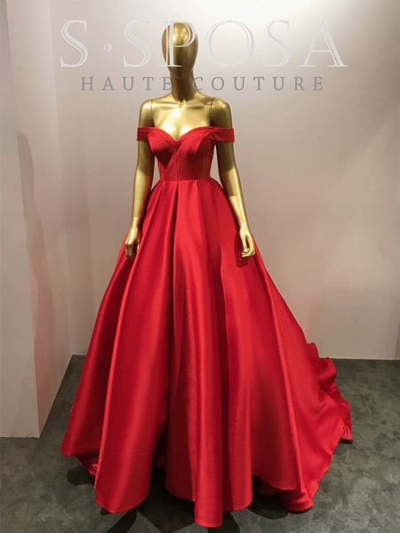 red off the shoulder satin dress