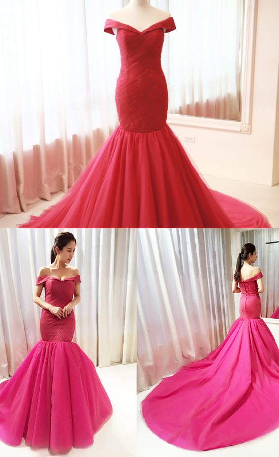 Mermaid Red Evening Dress Sexy Off Shoulder Sleeves Formal Party Dress Red Tulle Mermaid Prom