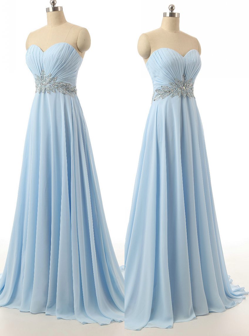 Light Blue Prom Dresses, Sky Blue Ruched Sweetheart Floor Length Formal