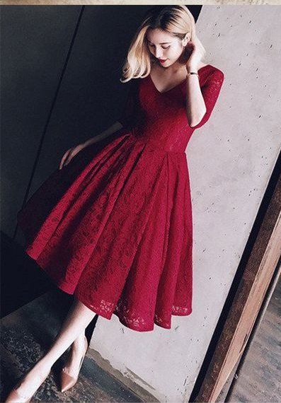 red tea length dresses with sleeves