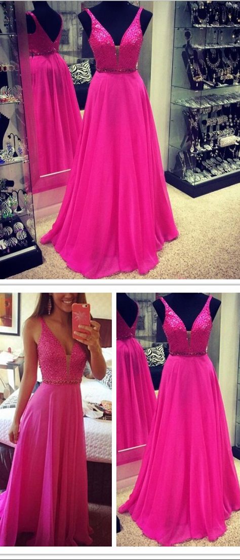 A Line Fuchsia Prom Dress,v-neckline Fuchsia Evening Dress on Luulla