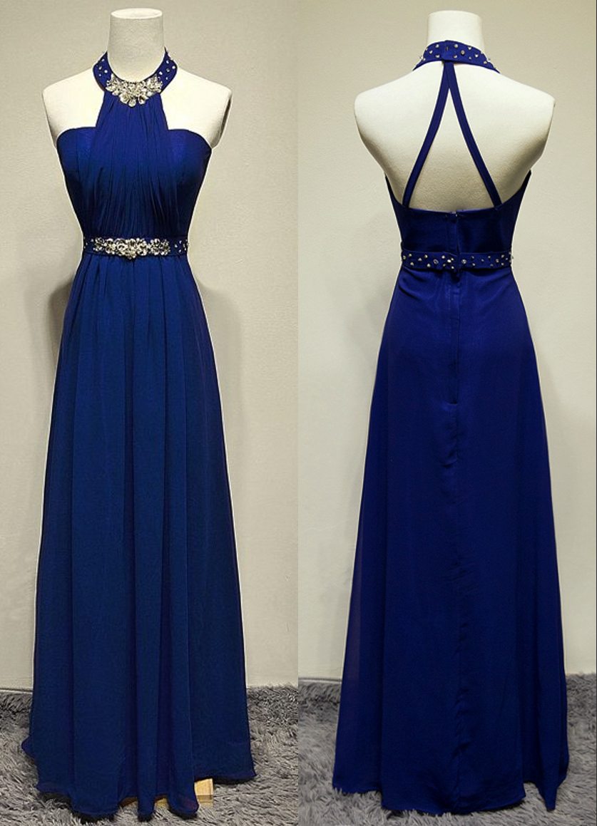 Halter Neckline Royal Blue Prom Dress,sexy Open Back Evening Dress