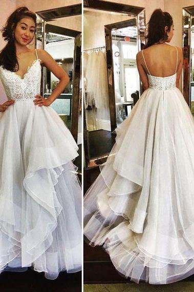 Spaghetti Straps White Prom Dress,tiered Skirt Formal Party Dress