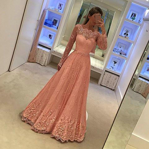 Long Sleeves Lace Prom Dress Pink Lace Evening Dress A Line Long