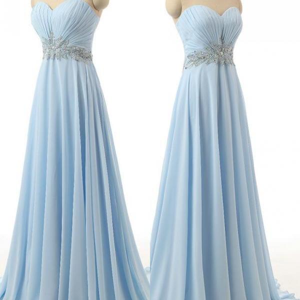 Light Blue Prom Dresses, Sky Blue Ruched Sweetheart Floor Length Formal