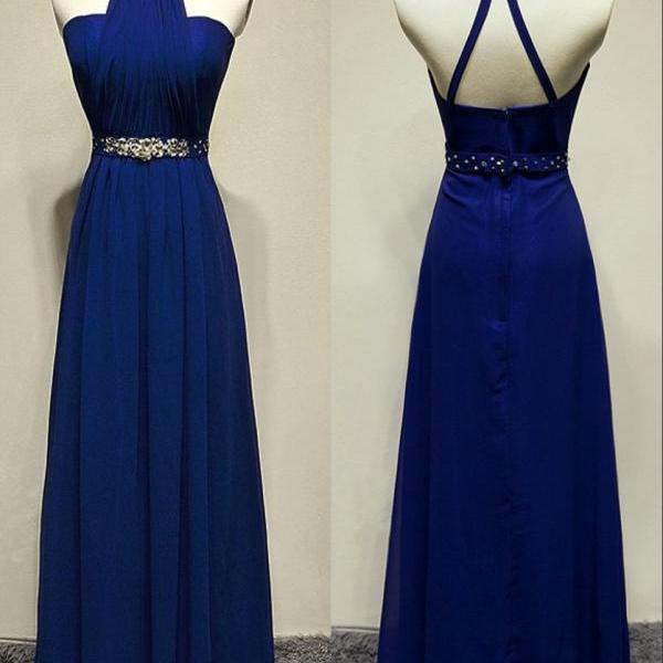 Halter Neckline Royal Blue Prom Dress,sexy Open Back Evening Dress