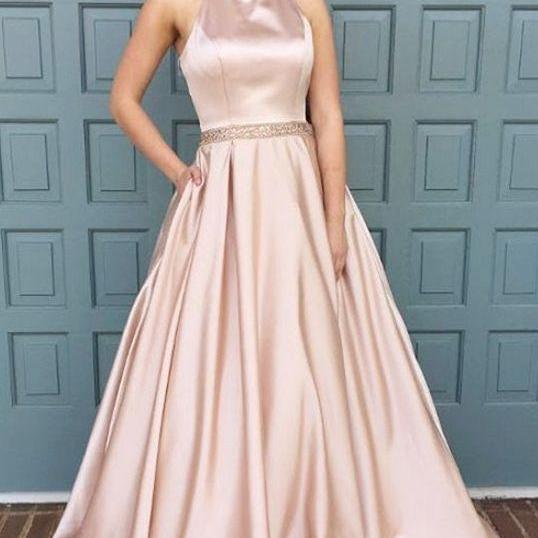 Halter Ruched A Line Blush Pink Satin Prom Dress main image 1