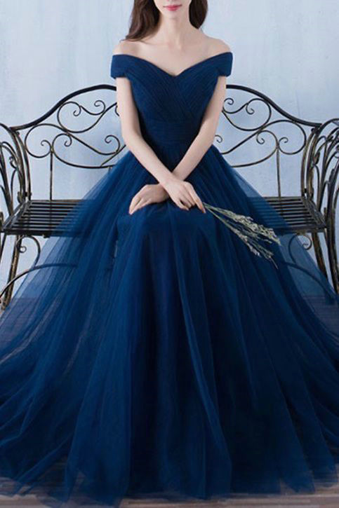 A Line Sexy Off Shoulder Navy Tulle Prom Dress on Luulla