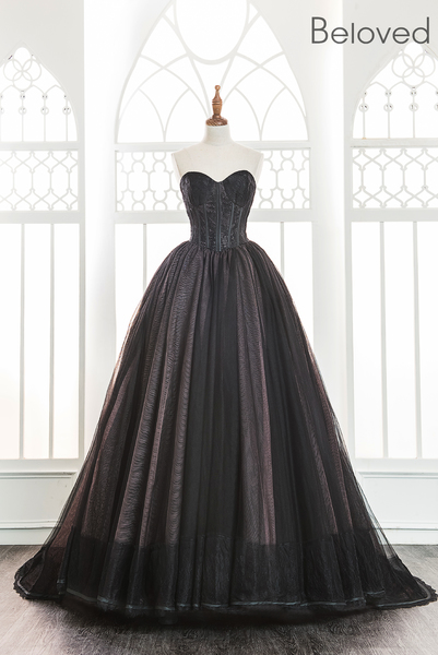 Black Tulle Sweetheart Floor Length Wedding Gown Featuring Train on Luulla